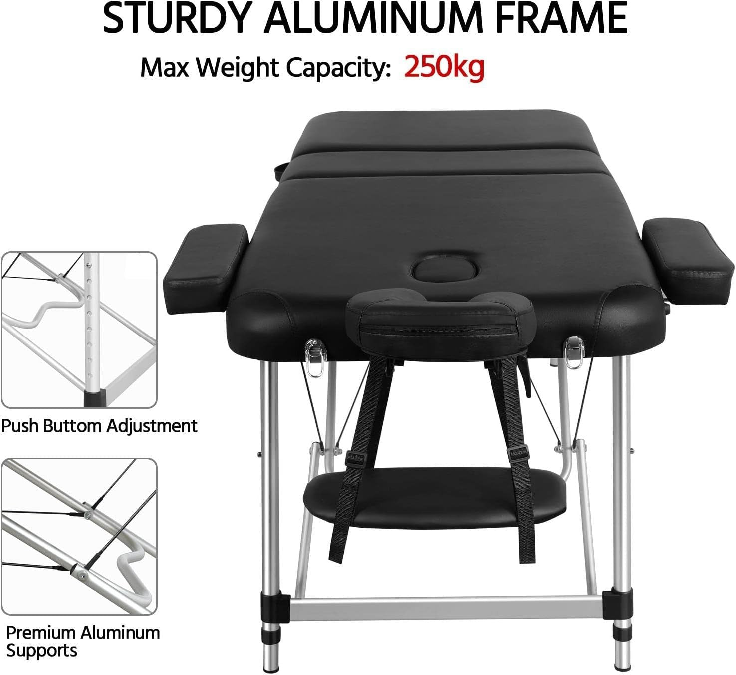 Foldable Portable Massage Bed 3 Section Lash Beauty Table Adjustable Height 70cm - Kwikley
