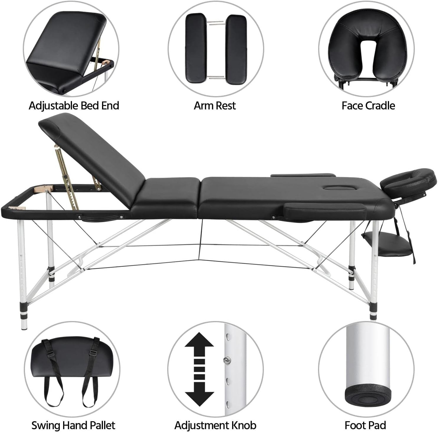 Foldable Portable Massage Bed 3 Section Lash Beauty Table Adjustable Height 70cm - Kwikley