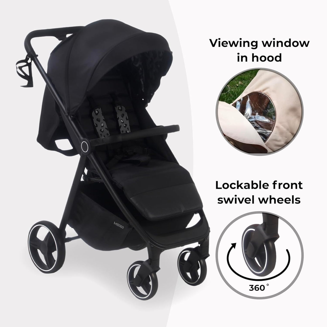 Foldable Pushchair Stroller Newborn to 4 Years 22kg XL Canopy Black - Kwikley
