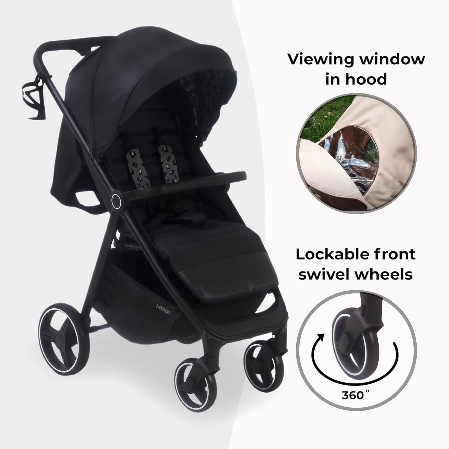 Foldable Pushchair Stroller Newborn to 4 Years 22kg XL Canopy Black - Kwikley