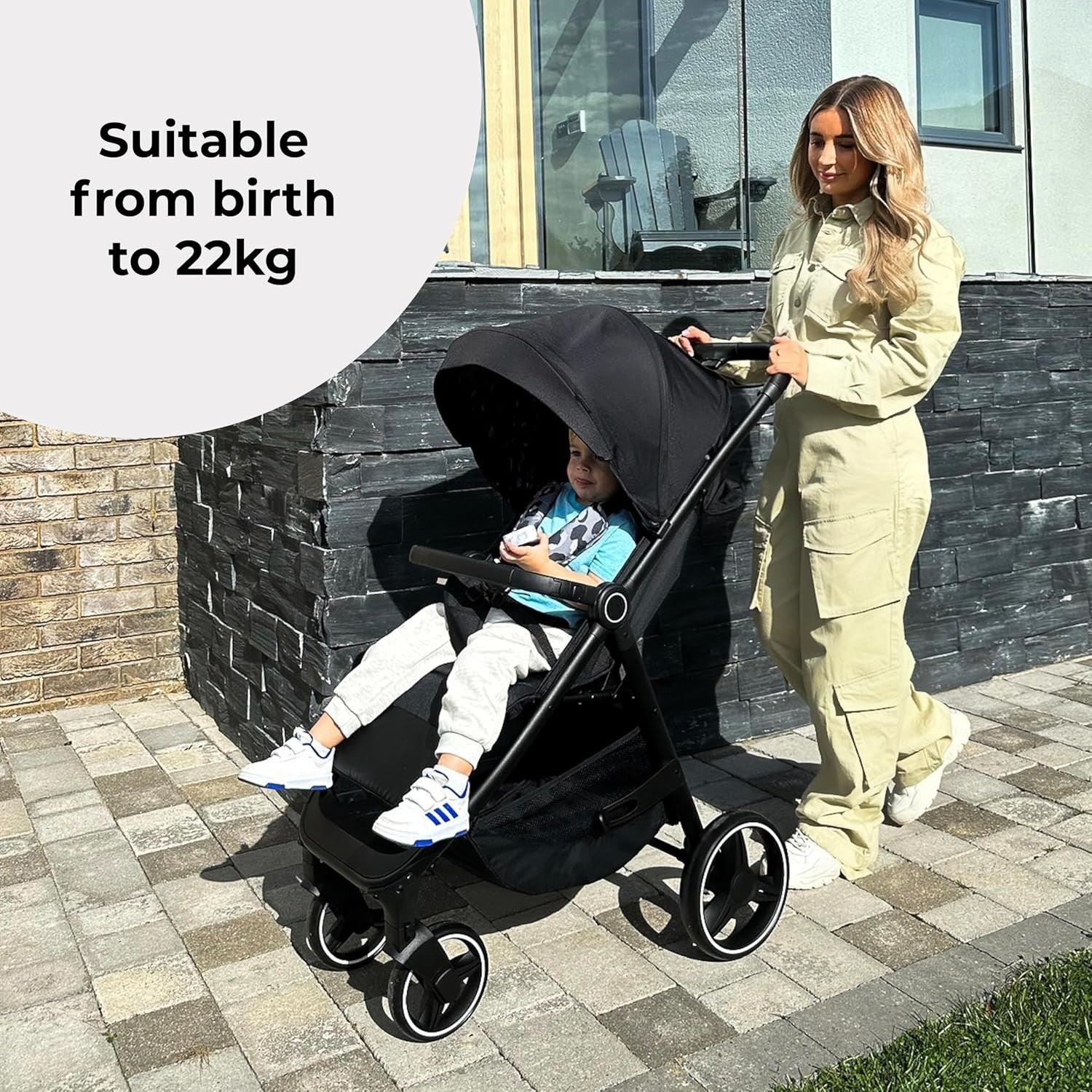 Foldable Pushchair Stroller Newborn to 4 Years 22kg XL Canopy Black - Kwikley