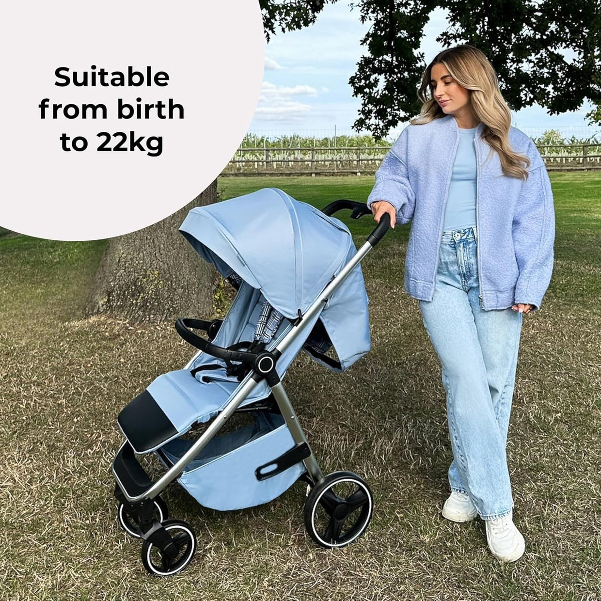 Foldable Pushchair Stroller Newborn to 4 Years 22kg XL Canopy Blue - Kwikley