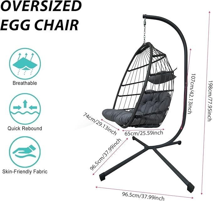 Foldable Rattan Egg Chair with Stand – 300lb Capacity, Cushions, Indoor Outdoor - Kwikley