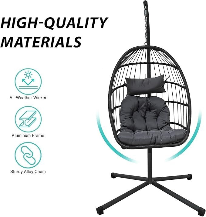 Foldable Rattan Egg Chair with Stand – 300lb Capacity, Cushions, Indoor Outdoor - Kwikley