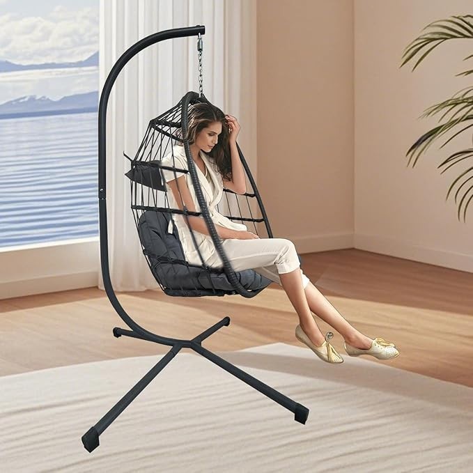 Foldable Rattan Egg Chair with Stand – 300lb Capacity, Cushions, Indoor Outdoor - Kwikley