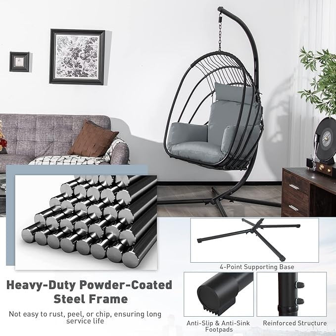 Foldable Rattan Egg Chair with Stand – Indoor Outdoor Swing Seat Cushion - Kwikley