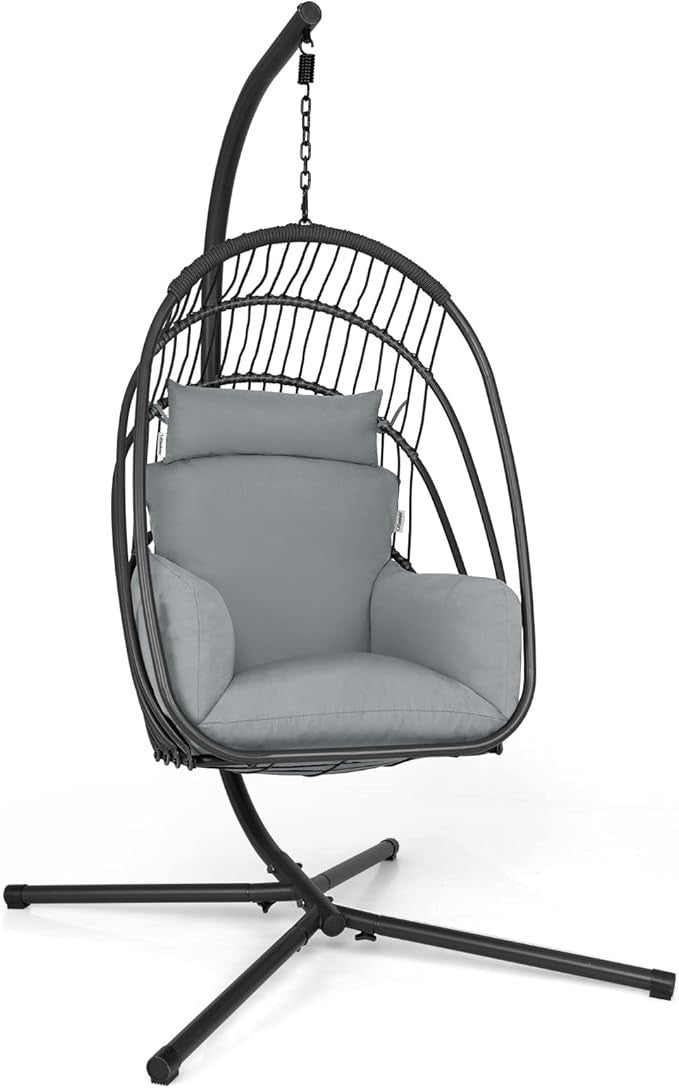 Foldable Rattan Egg Chair with Stand – Indoor Outdoor Swing Seat Cushion - Kwikley