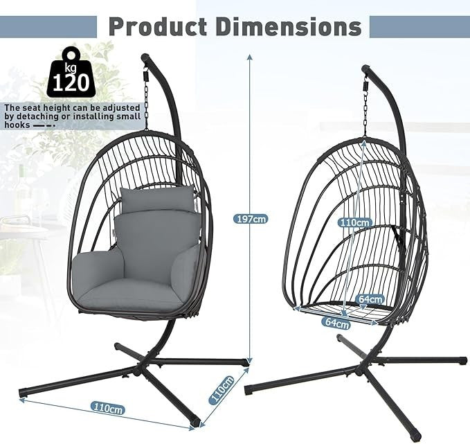 Foldable Rattan Egg Chair with Stand – Indoor Outdoor Swing Seat Cushion - Kwikley