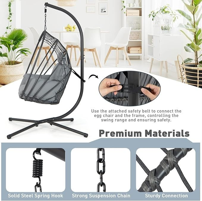 Foldable Rattan Egg Chair with Stand – Indoor Outdoor Swing Seat Cushion - Kwikley
