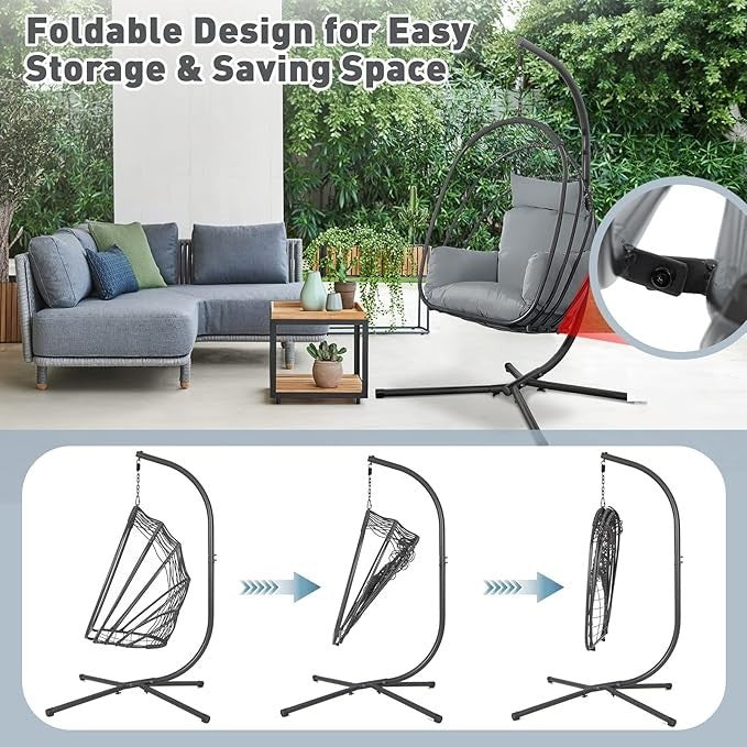 Foldable Rattan Egg Chair with Stand – Indoor Outdoor Swing Seat Cushion - Kwikley