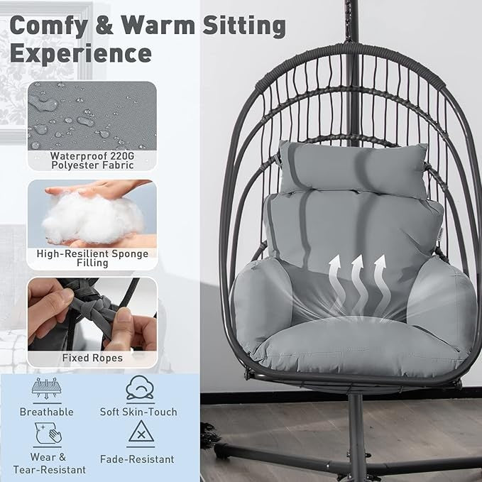 Foldable Rattan Egg Chair with Stand – Indoor Outdoor Swing Seat Cushion - Kwikley