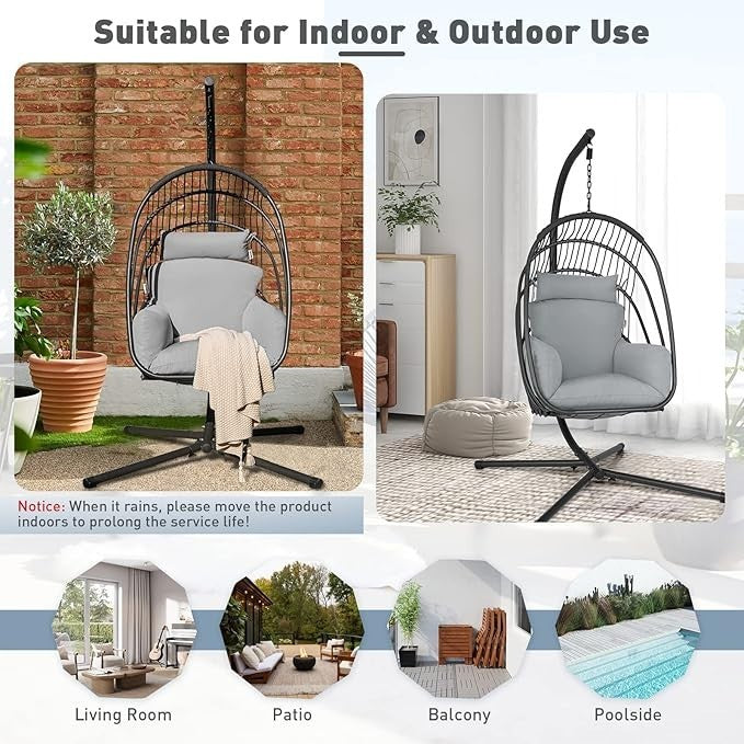 Foldable Rattan Egg Chair with Stand – Indoor Outdoor Swing Seat Cushion - Kwikley