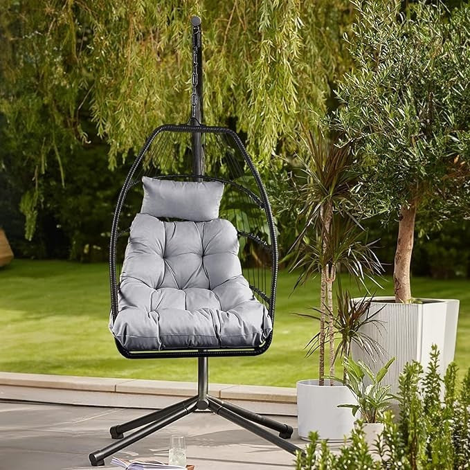 Foldable Rattan Egg Chair with Stand – Waterproof Cushions – Indoor Outdoor Use - Kwikley