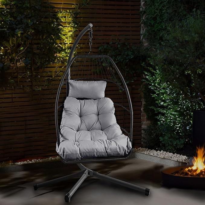 Foldable Rattan Egg Chair with Stand – Waterproof Cushions – Indoor Outdoor Use - Kwikley