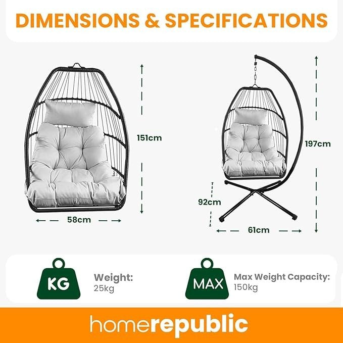 Foldable Rattan Egg Chair with Stand – Waterproof Cushions – Indoor Outdoor Use - Kwikley