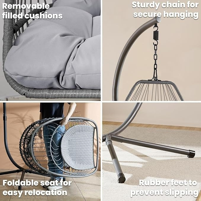 Foldable Rattan Egg Chair with Stand – Waterproof Cushions – Indoor Outdoor Use - Kwikley