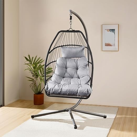 Foldable Rattan Egg Chair with Stand – Waterproof Cushions – Indoor Outdoor Use - Kwikley