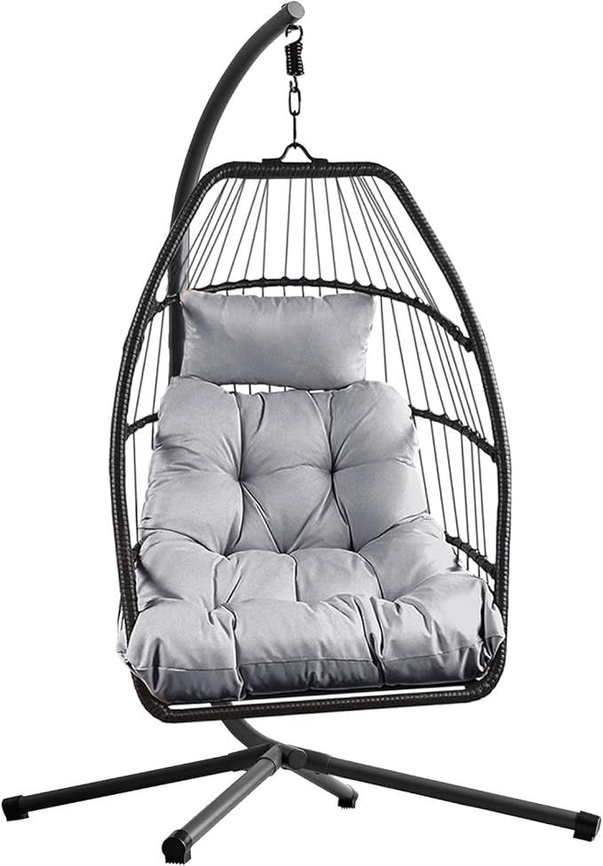 Foldable Rattan Egg Chair with Stand – Waterproof Cushions – Indoor Outdoor Use - Kwikley
