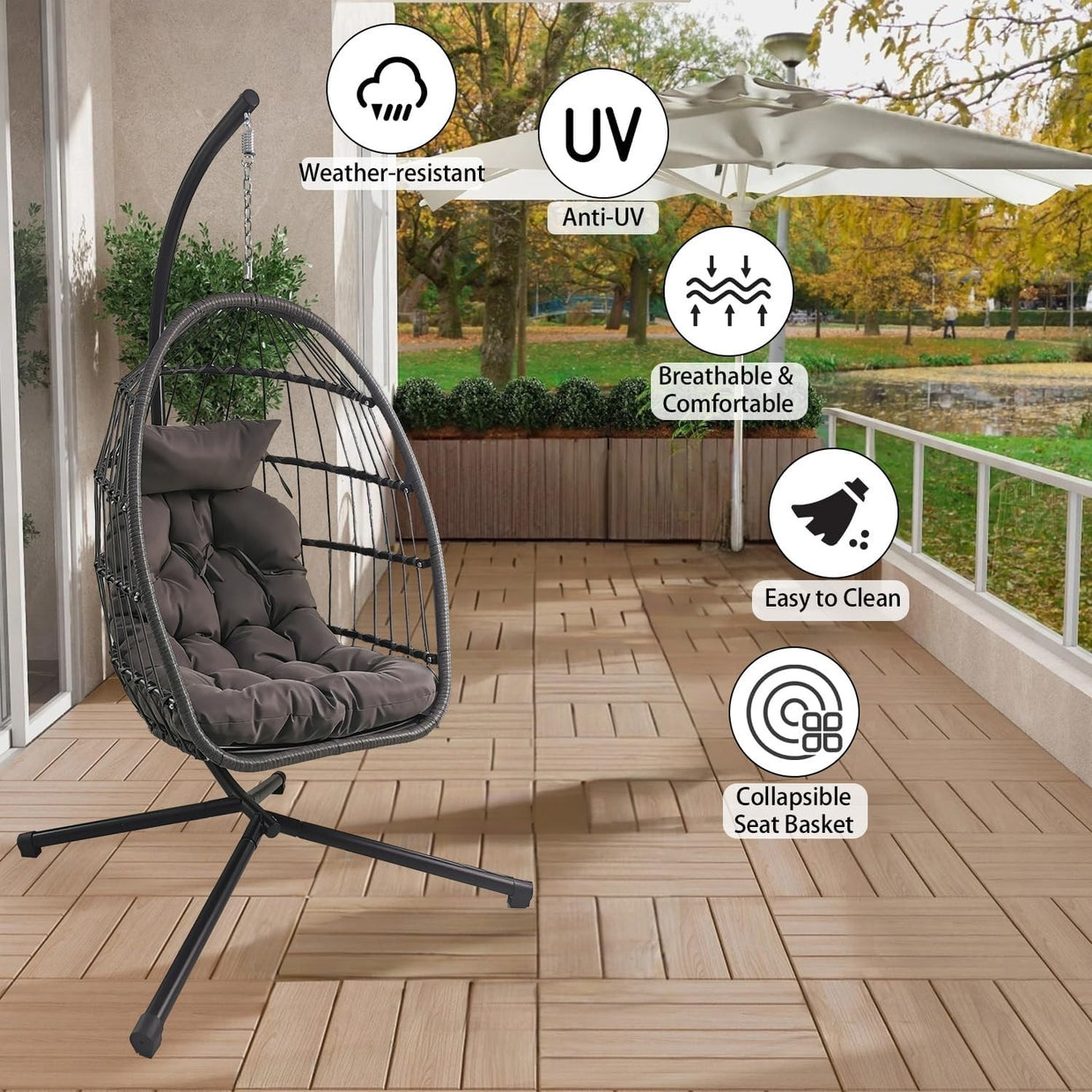 Foldable Rattan Hanging Egg Chair with Cushion & Stand for Indoor Outdoor Use - Kwikley