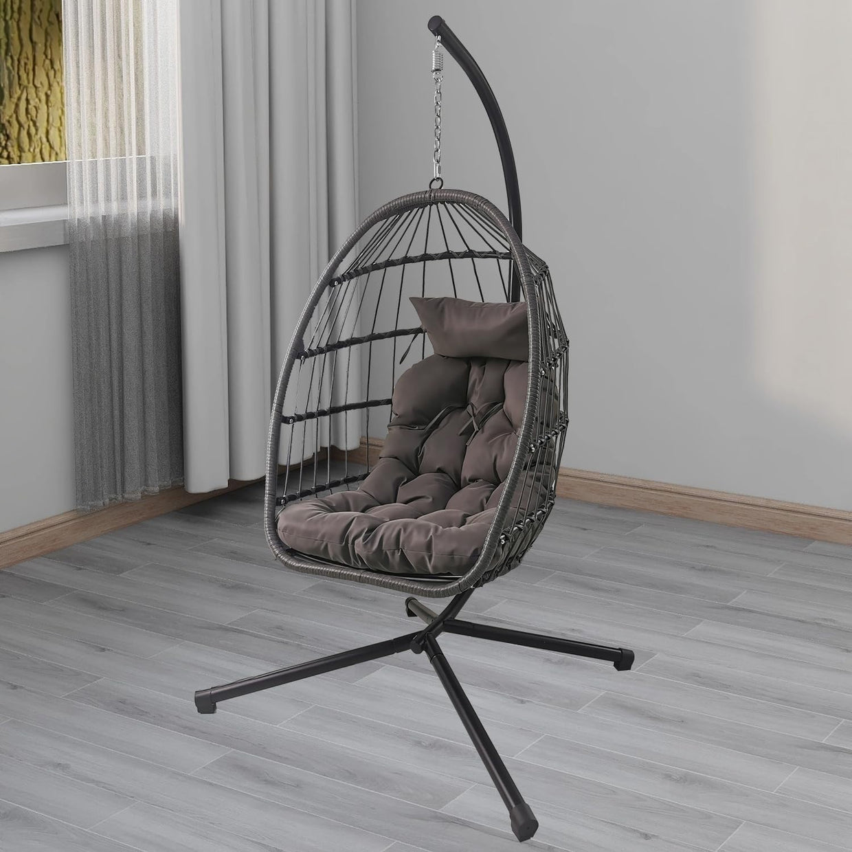 Foldable Rattan Hanging Egg Chair with Cushion & Stand for Indoor Outdoor Use - Kwikley