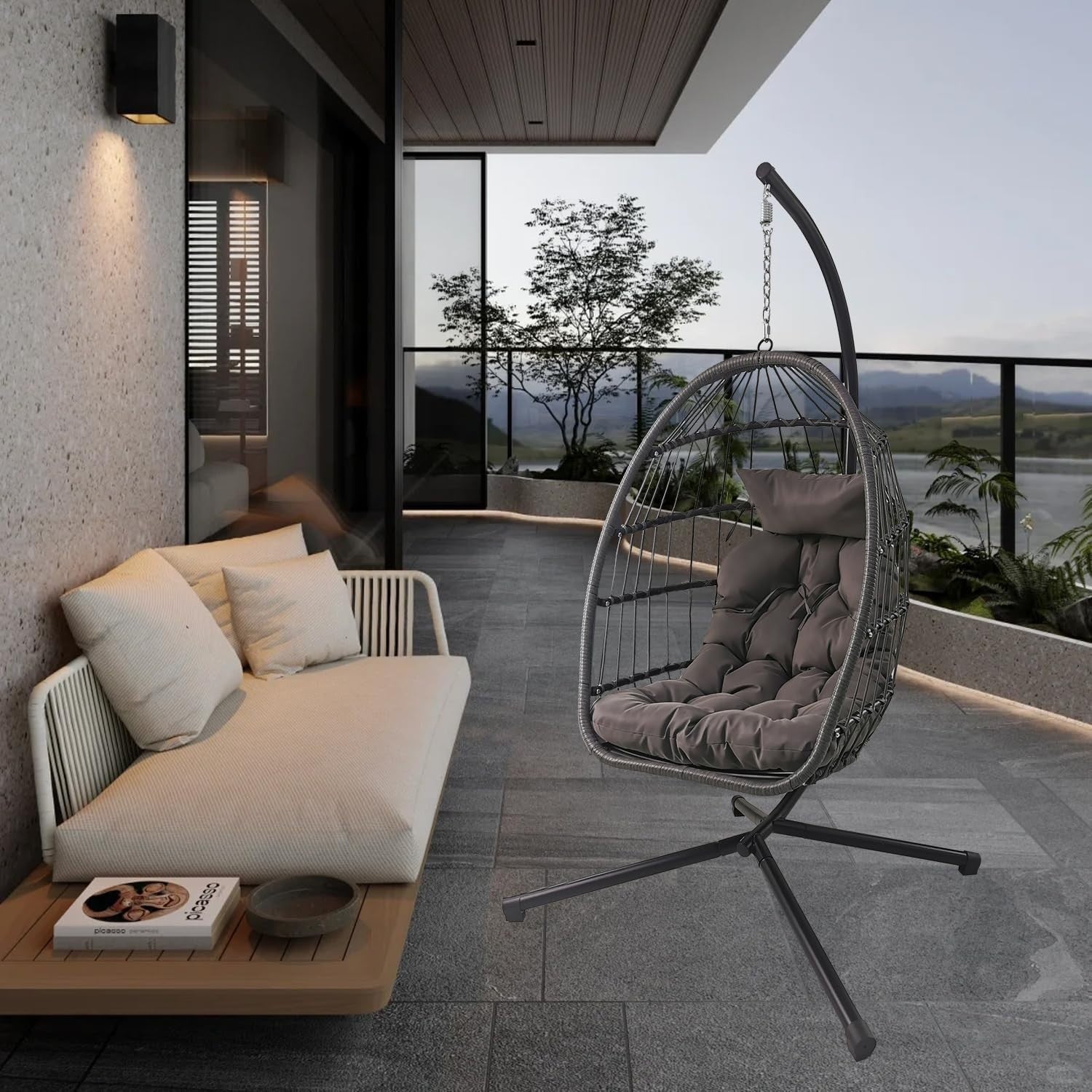 Foldable Rattan Hanging Egg Chair with Cushion & Stand for Indoor Outdoor Use - Kwikley