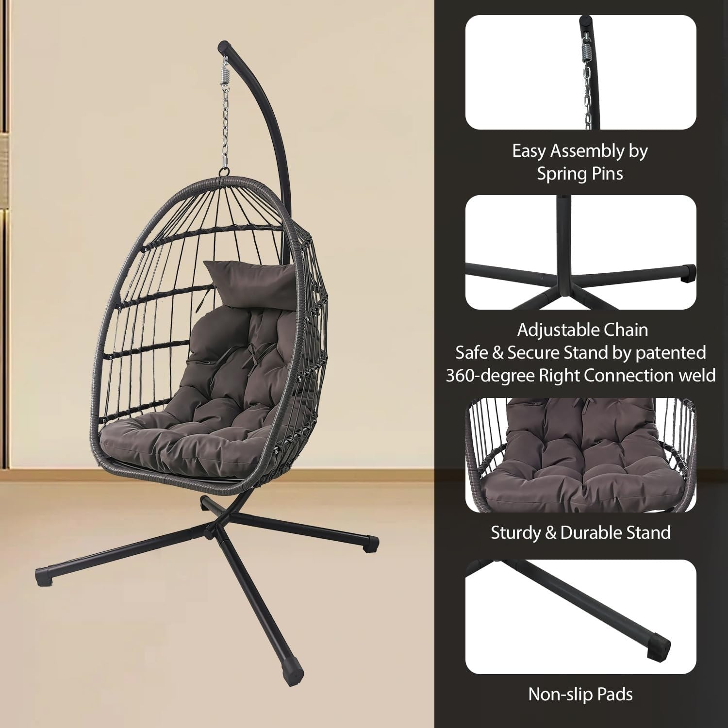 Foldable Rattan Hanging Egg Chair with Cushion & Stand for Indoor Outdoor Use - Kwikley