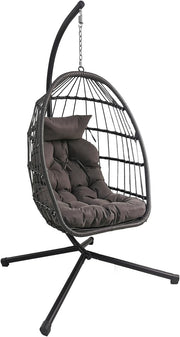 Foldable Rattan Hanging Egg Chair with Cushion & Stand for Indoor Outdoor Use - Kwikley