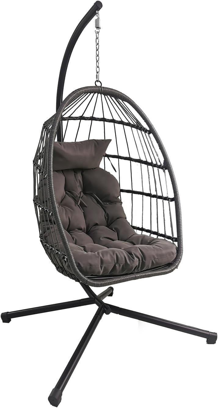 Foldable Rattan Hanging Egg Chair with Cushion & Stand for Indoor Outdoor Use - Kwikley