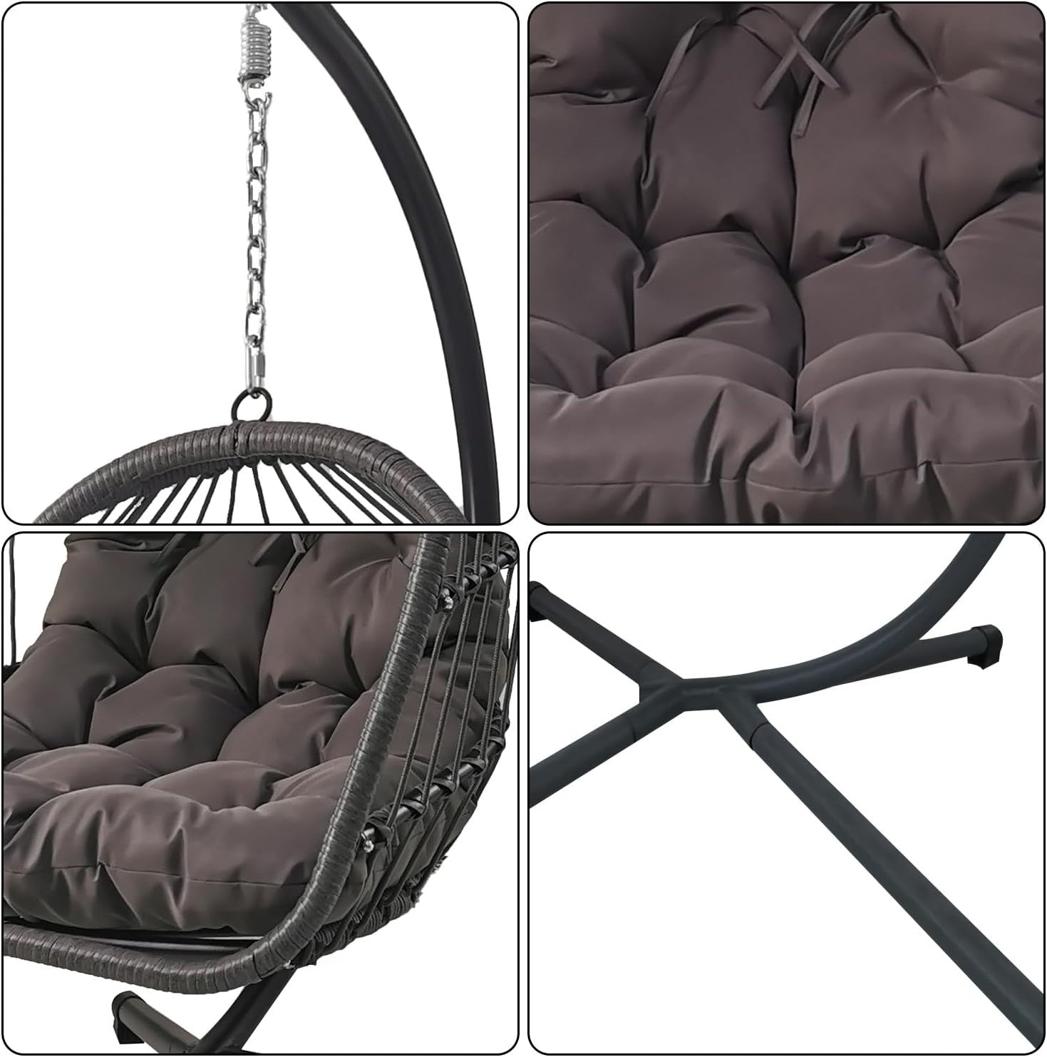 Foldable Rattan Hanging Egg Chair with Cushion & Stand for Indoor Outdoor Use - Kwikley