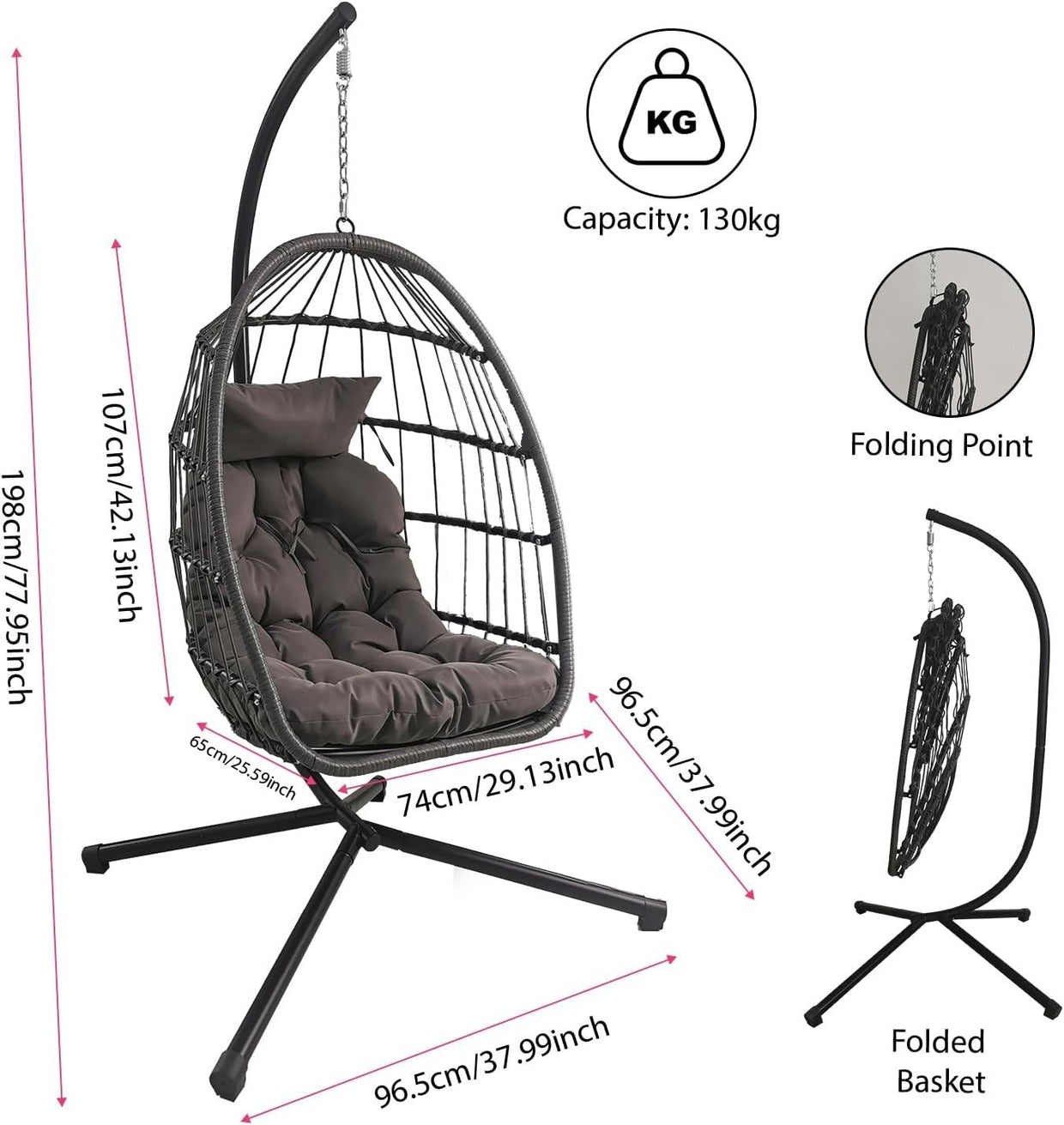Foldable Rattan Hanging Egg Chair with Cushion & Stand for Indoor Outdoor Use - Kwikley