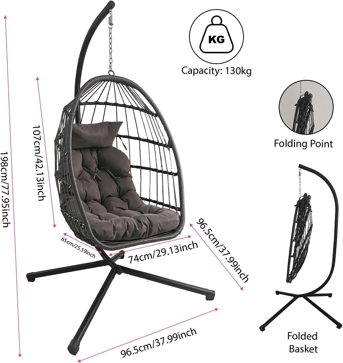Foldable Rattan Hanging Egg Chair with Cushion & Stand for Indoor Outdoor Use - Kwikley