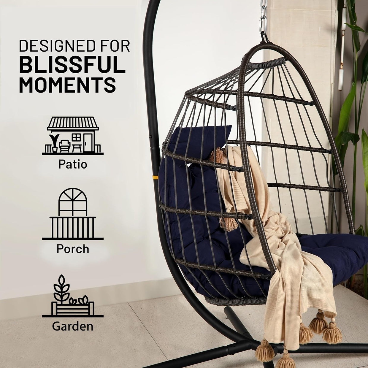 Foldable Rattan Hanging Egg Chair with Stand & Waterproof Cushion Deep Blue - Kwikley