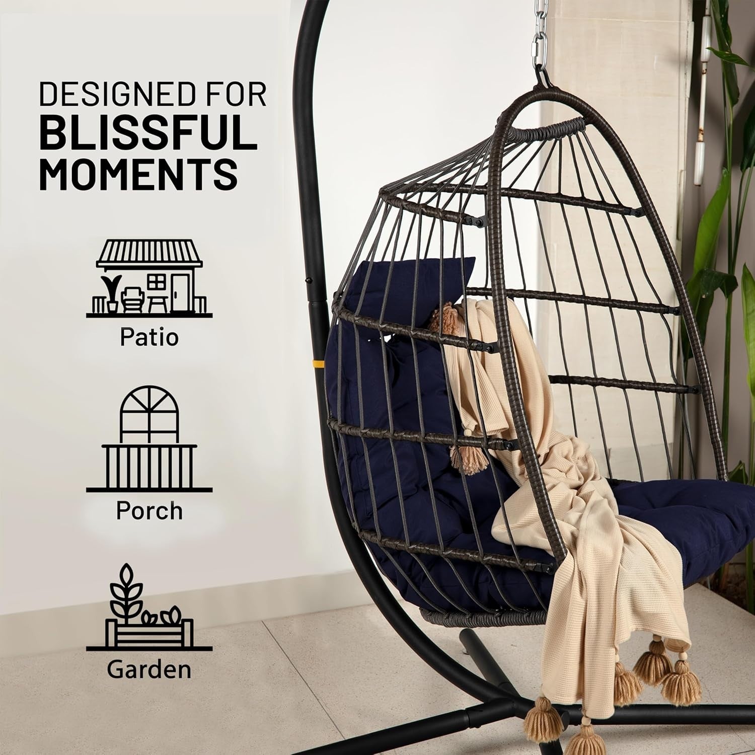 Foldable Rattan Hanging Egg Chair with Stand & Waterproof Cushion Deep Blue - Kwikley