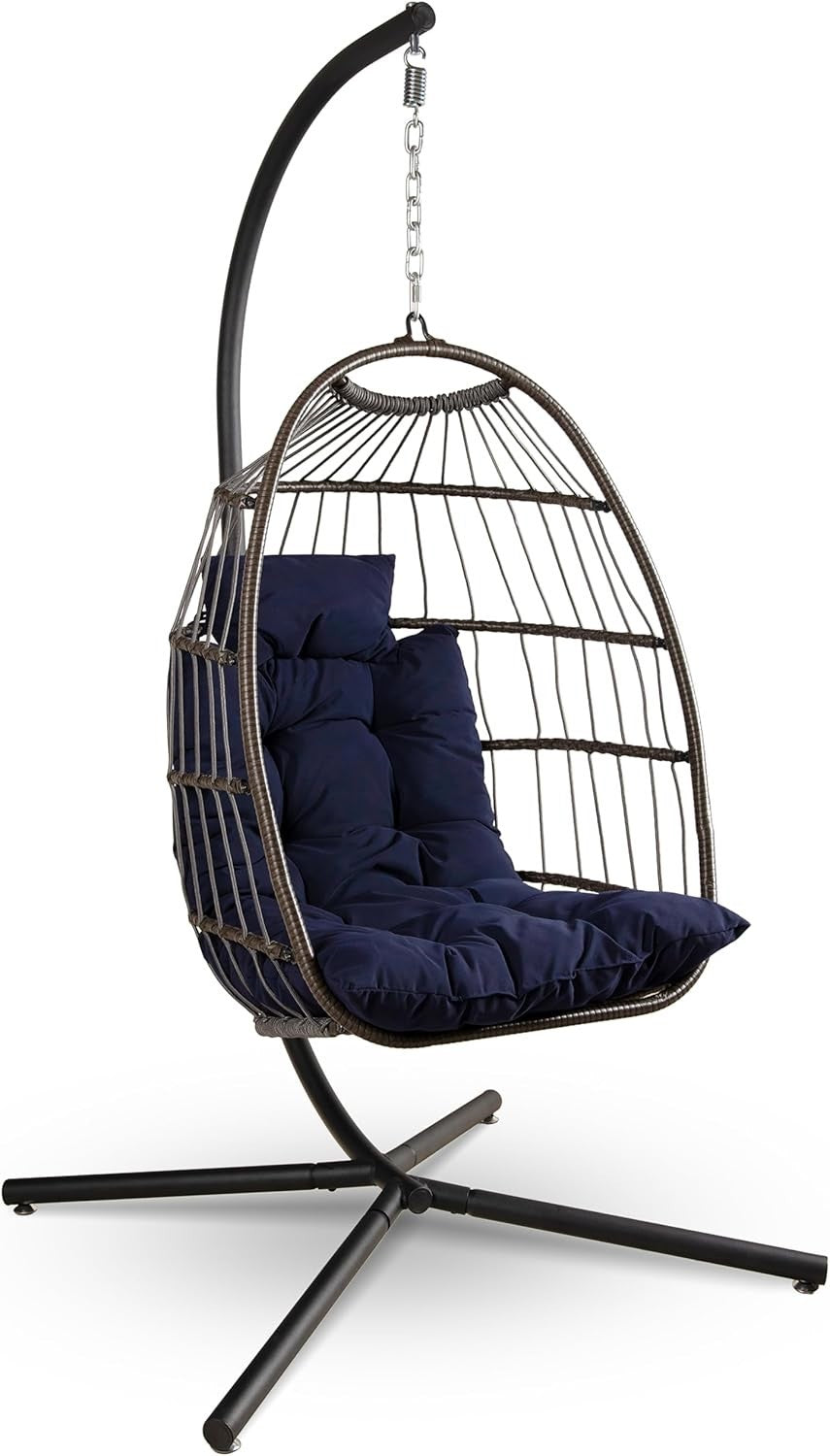 Foldable Rattan Hanging Egg Chair with Stand & Waterproof Cushion Deep Blue - Kwikley