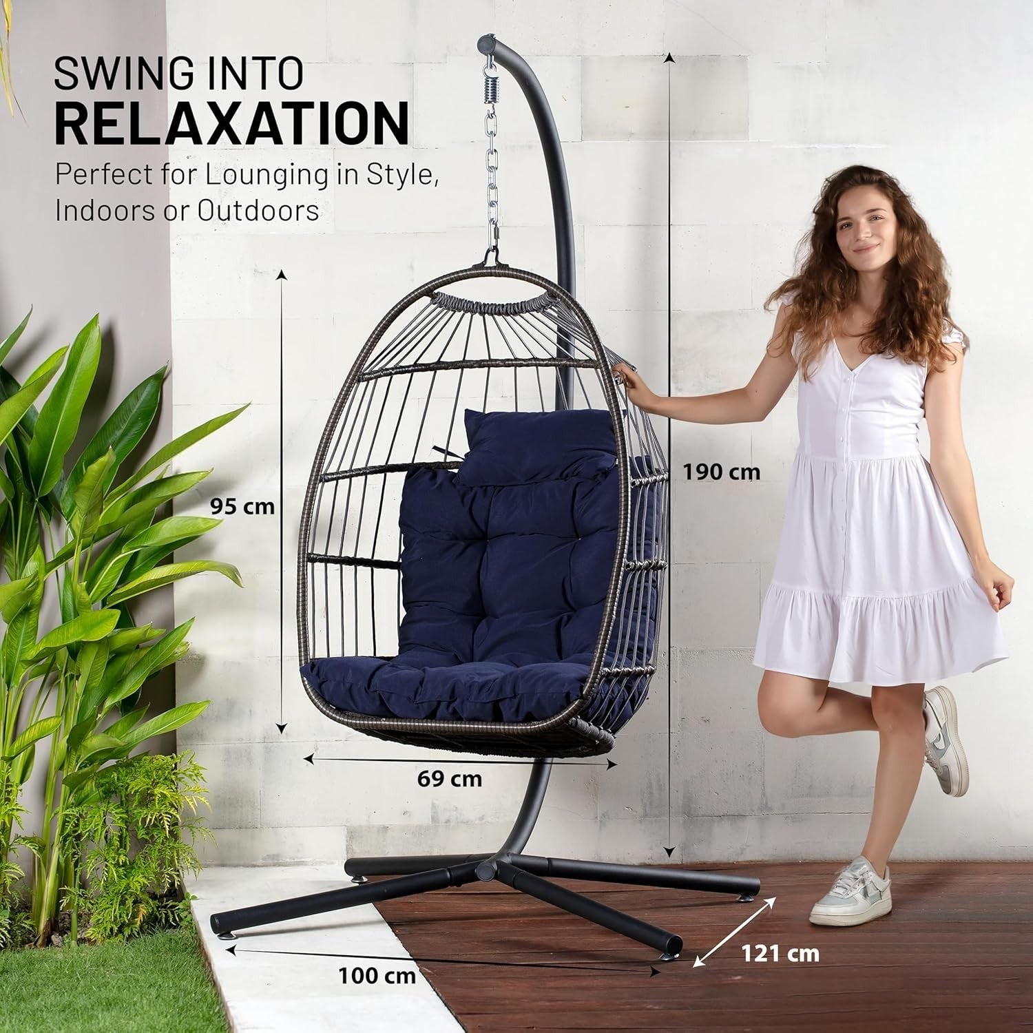 Foldable Rattan Hanging Egg Chair with Stand & Waterproof Cushion Deep Blue - Kwikley