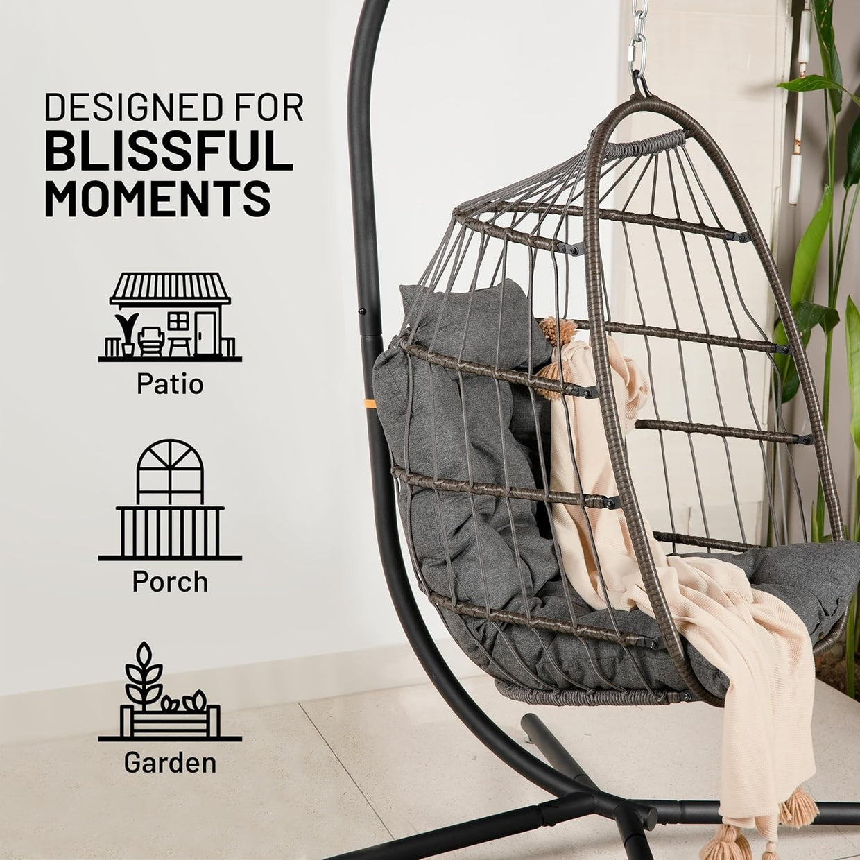 Foldable Rattan Hanging Egg Chair with Stand & Waterproof Cushion Deep Grey - Kwikley