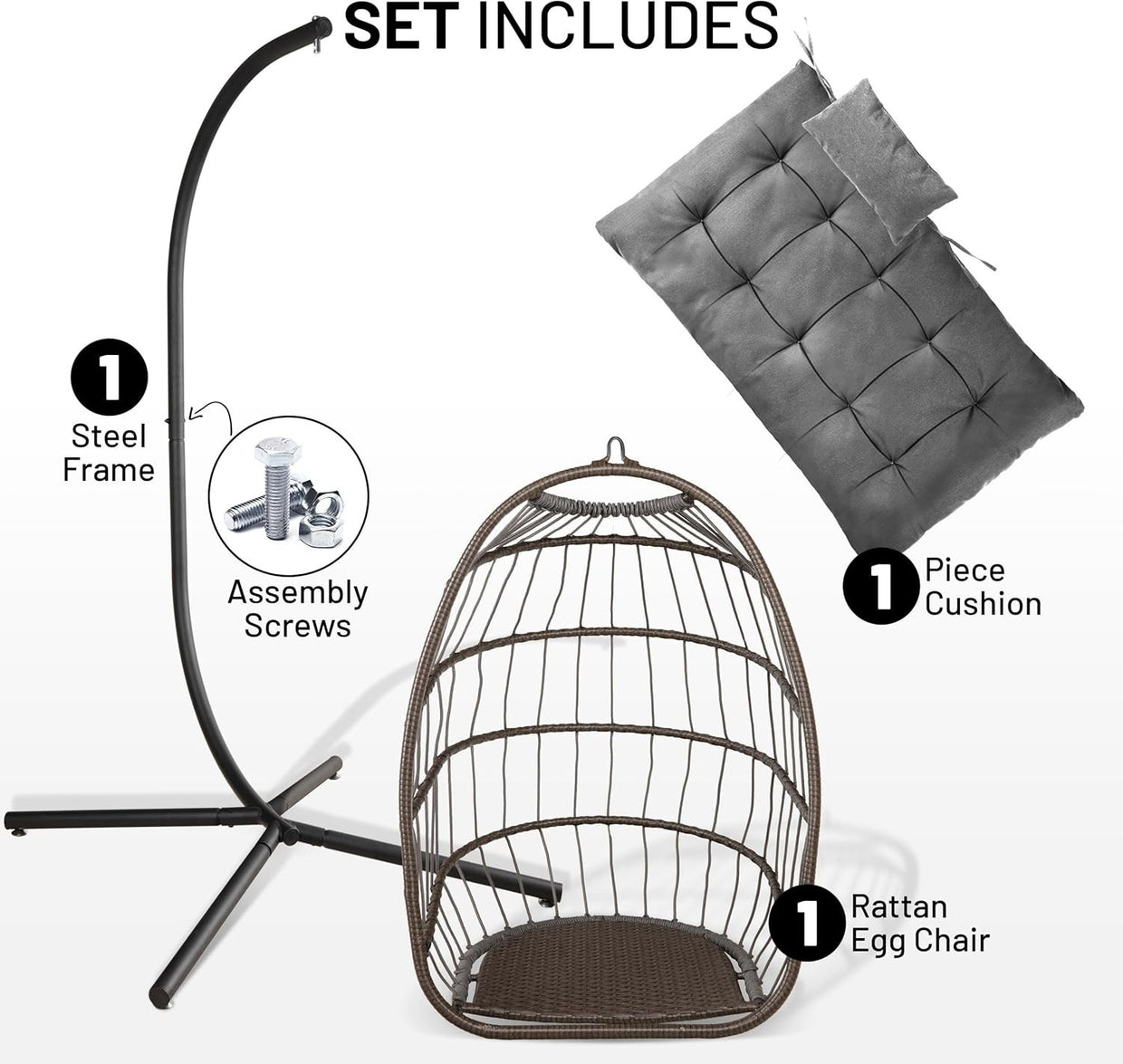 Foldable Rattan Hanging Egg Chair with Stand & Waterproof Cushion Deep Grey - Kwikley