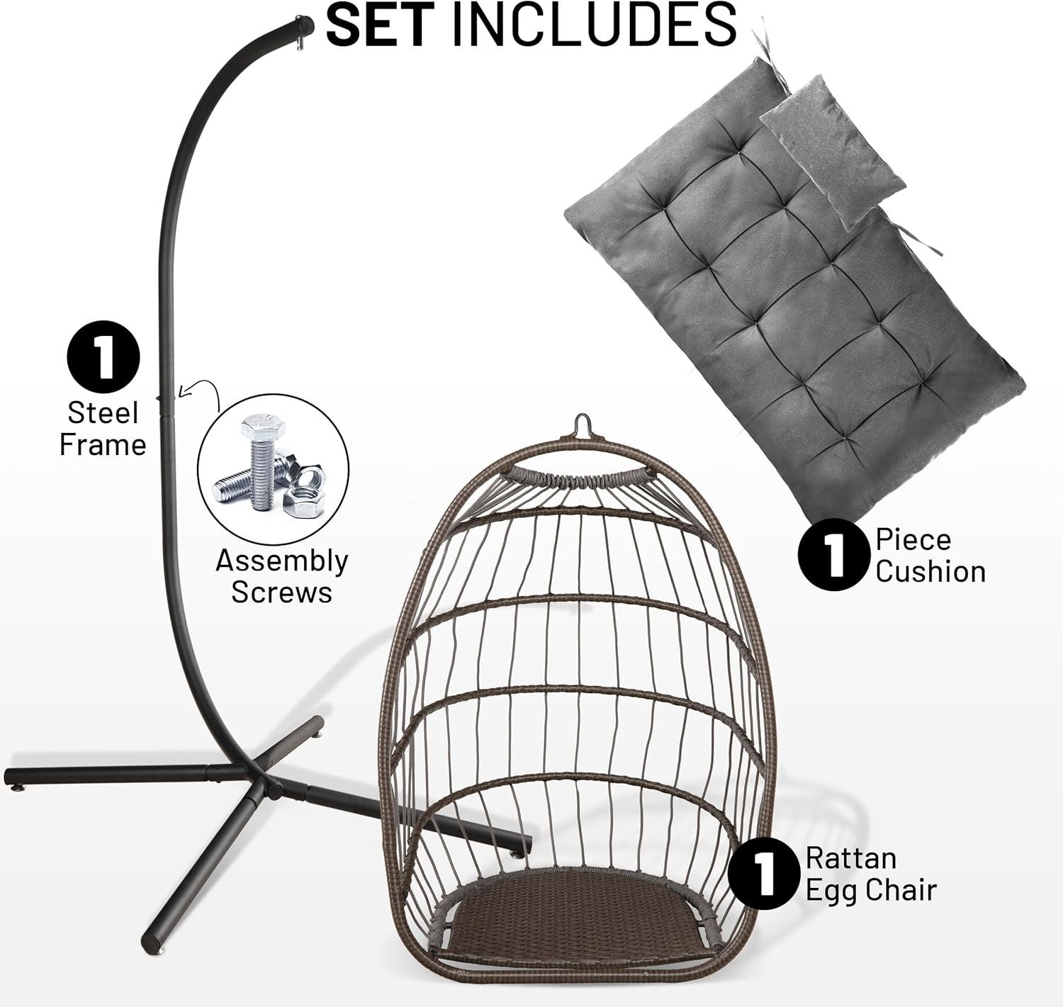 Foldable Rattan Hanging Egg Chair with Stand & Waterproof Cushion Deep Grey - Kwikley