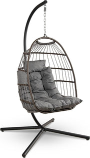 Foldable Rattan Hanging Egg Chair with Stand & Waterproof Cushion Deep Grey - Kwikley