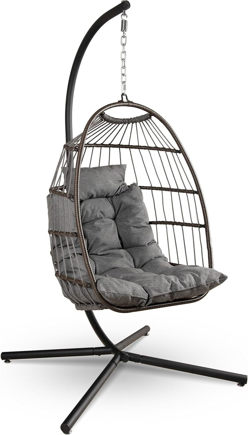 Foldable Rattan Hanging Egg Chair with Stand & Waterproof Cushion Deep Grey - Kwikley