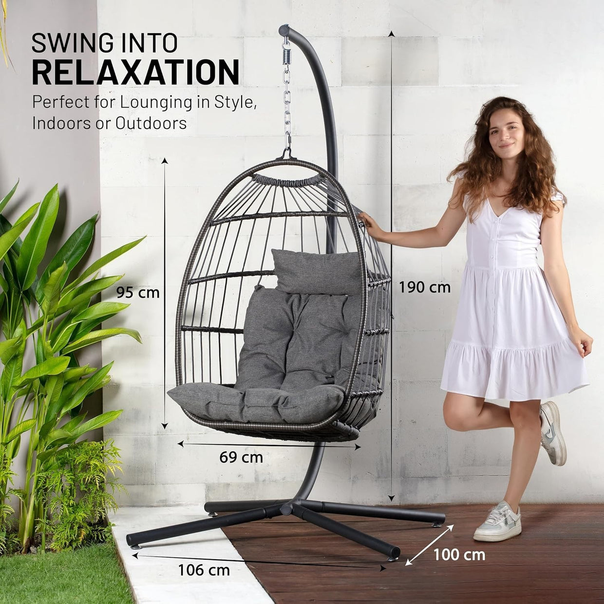 Foldable Rattan Hanging Egg Chair with Stand & Waterproof Cushion Deep Grey - Kwikley