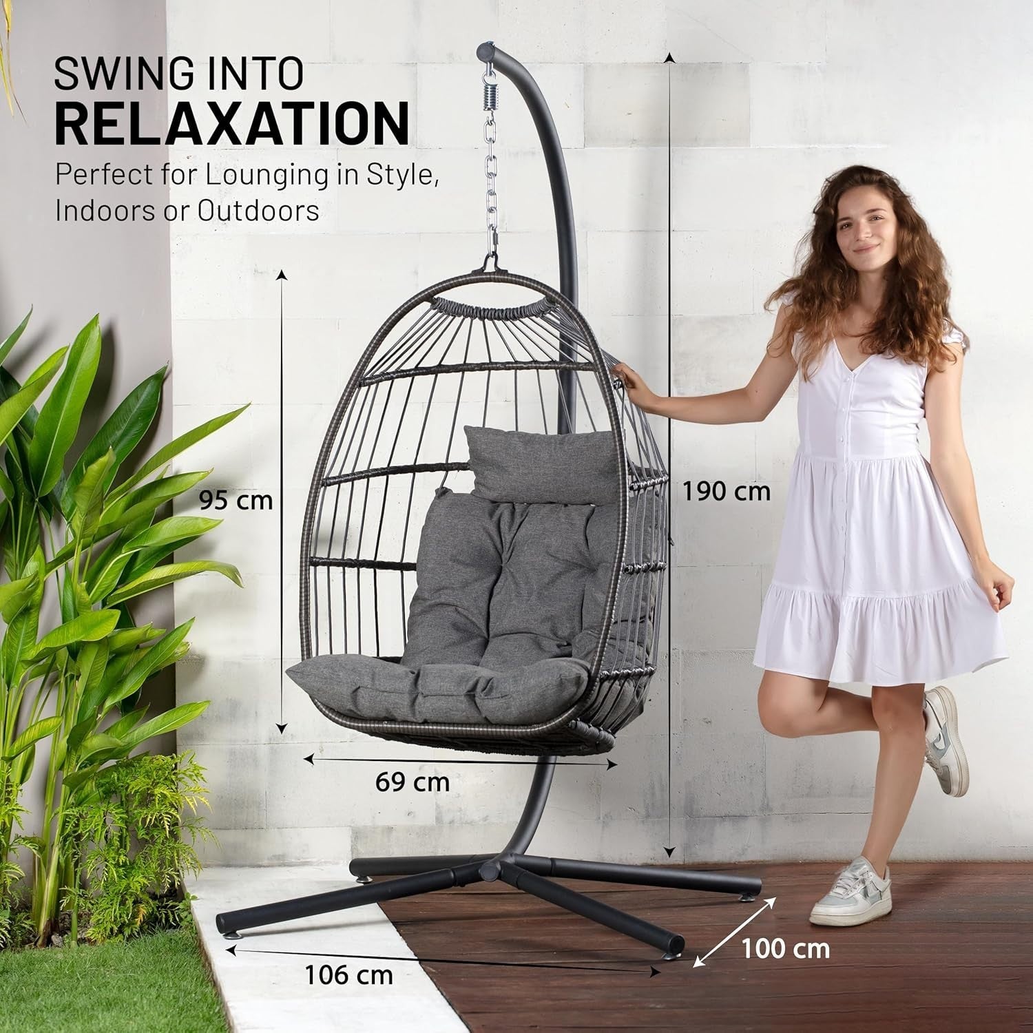 Foldable Rattan Hanging Egg Chair with Stand & Waterproof Cushion Deep Grey - Kwikley