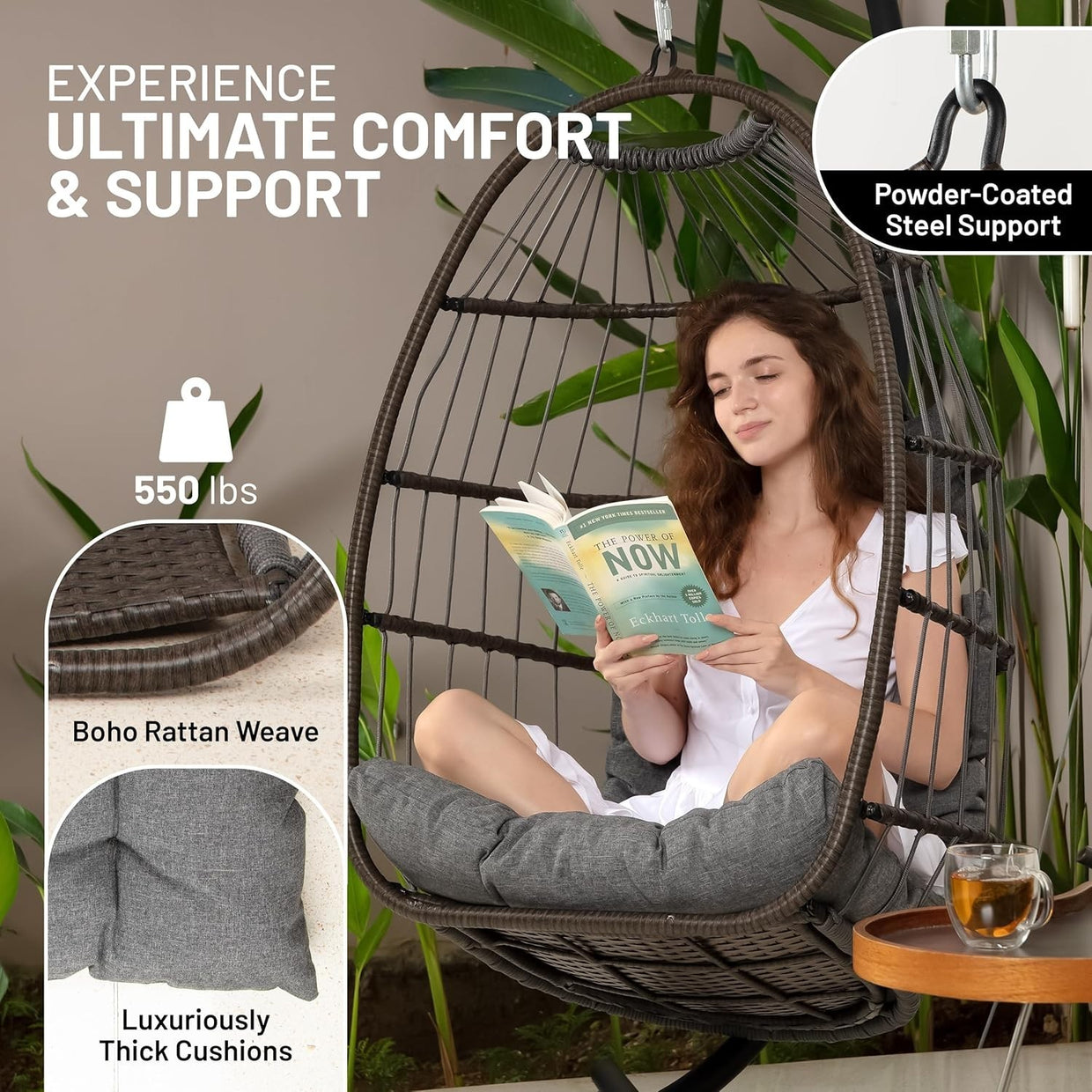 Foldable Rattan Hanging Egg Chair with Stand & Waterproof Cushion Deep Grey - Kwikley