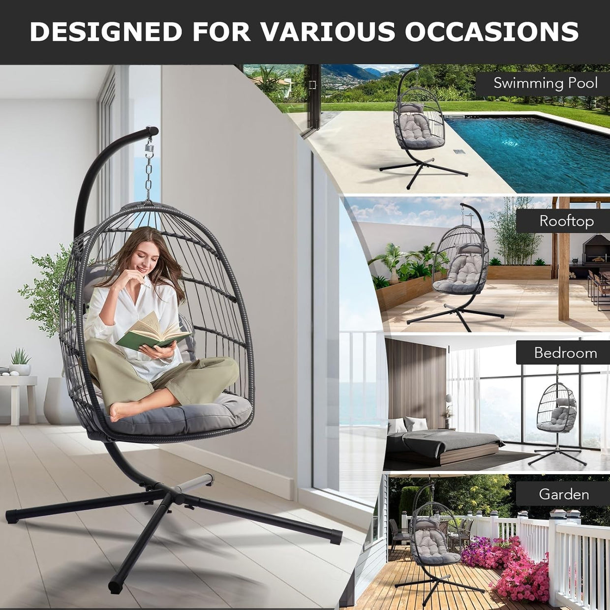 Foldable Rattan Swing Chair with Stand and Cushion for Indoor - Kwikley