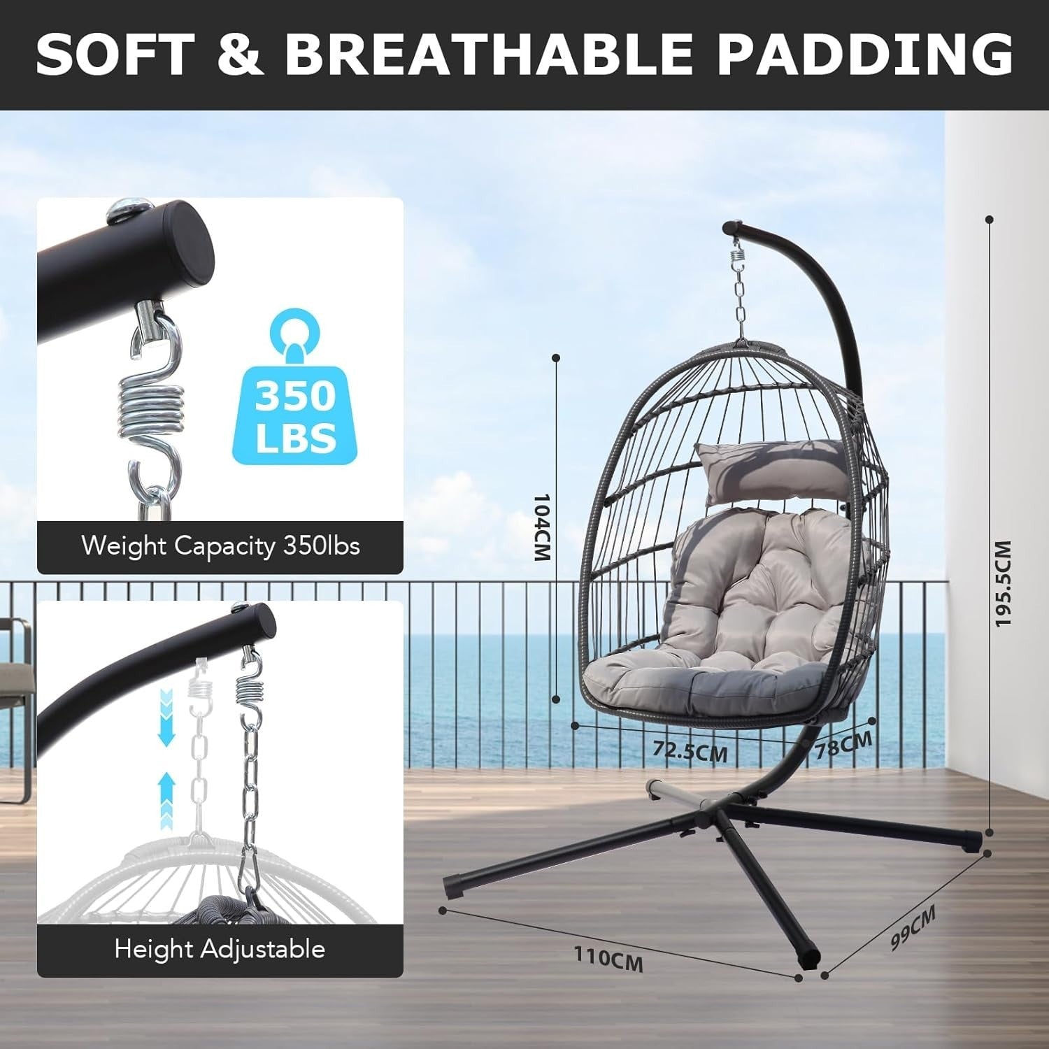 Foldable Rattan Swing Chair with Stand and Cushion for Indoor - Kwikley
