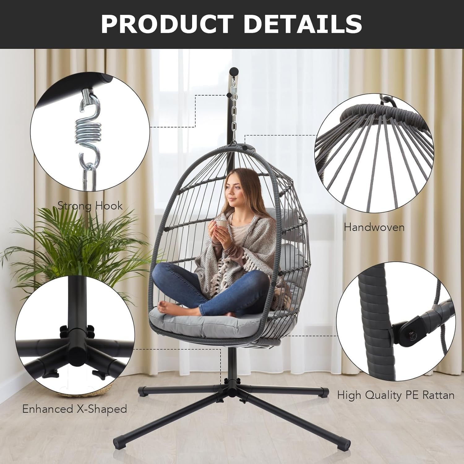 Foldable Rattan Swing Chair with Stand and Cushion for Indoor - Kwikley