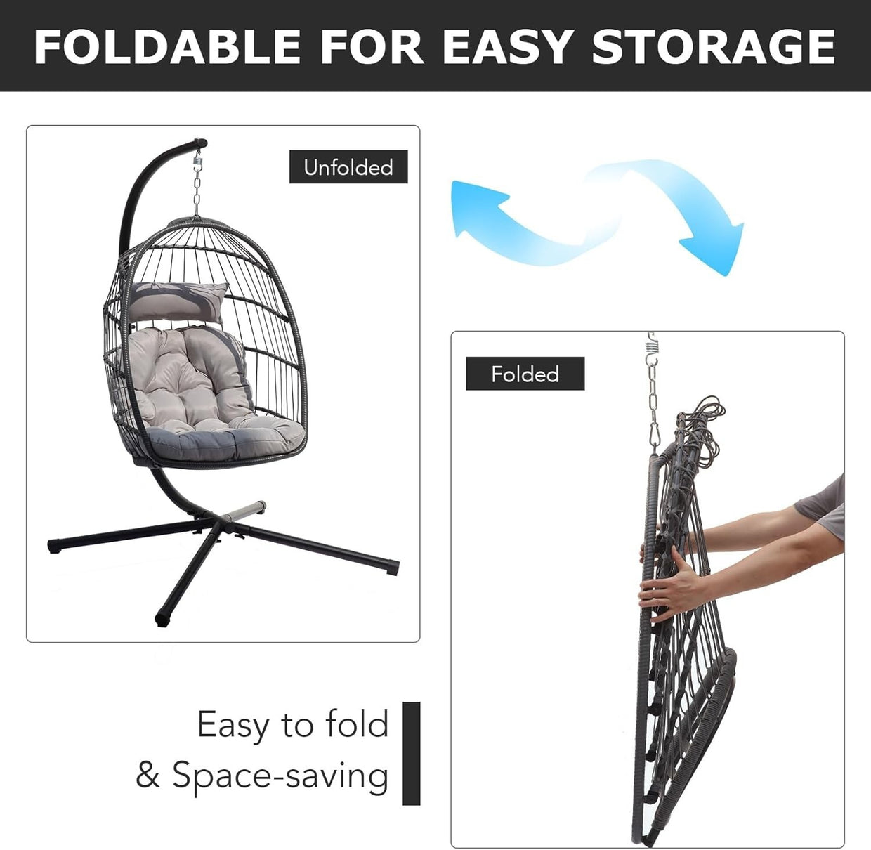 Foldable Rattan Swing Chair with Stand and Cushion for Indoor - Kwikley