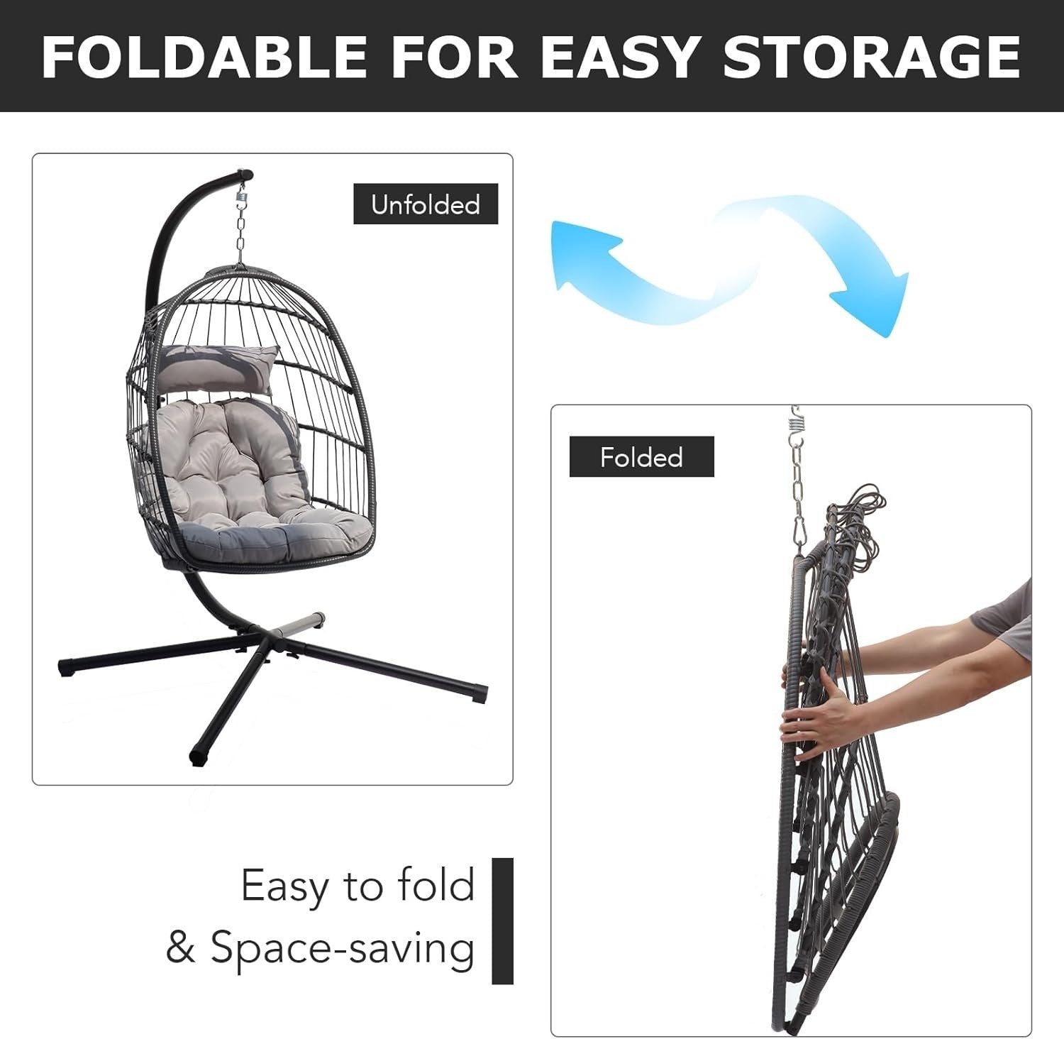 Foldable Rattan Swing Chair with Stand and Cushion for Indoor - Kwikley