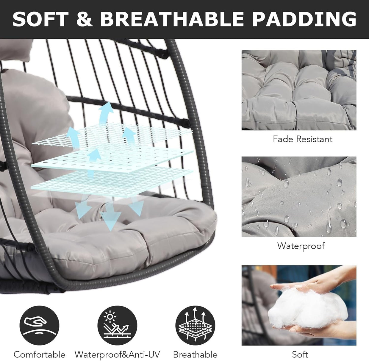 Foldable Rattan Swing Chair with Stand and Cushion for Indoor - Kwikley