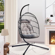 Foldable Rattan Swing Chair with Stand and Cushion for Indoor - Kwikley